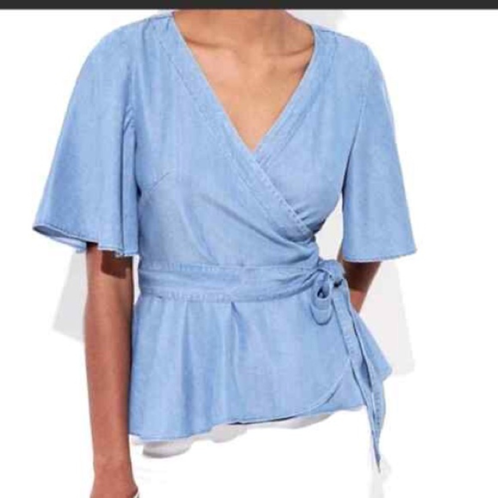 LOFT Chambray Wrap Top Petite